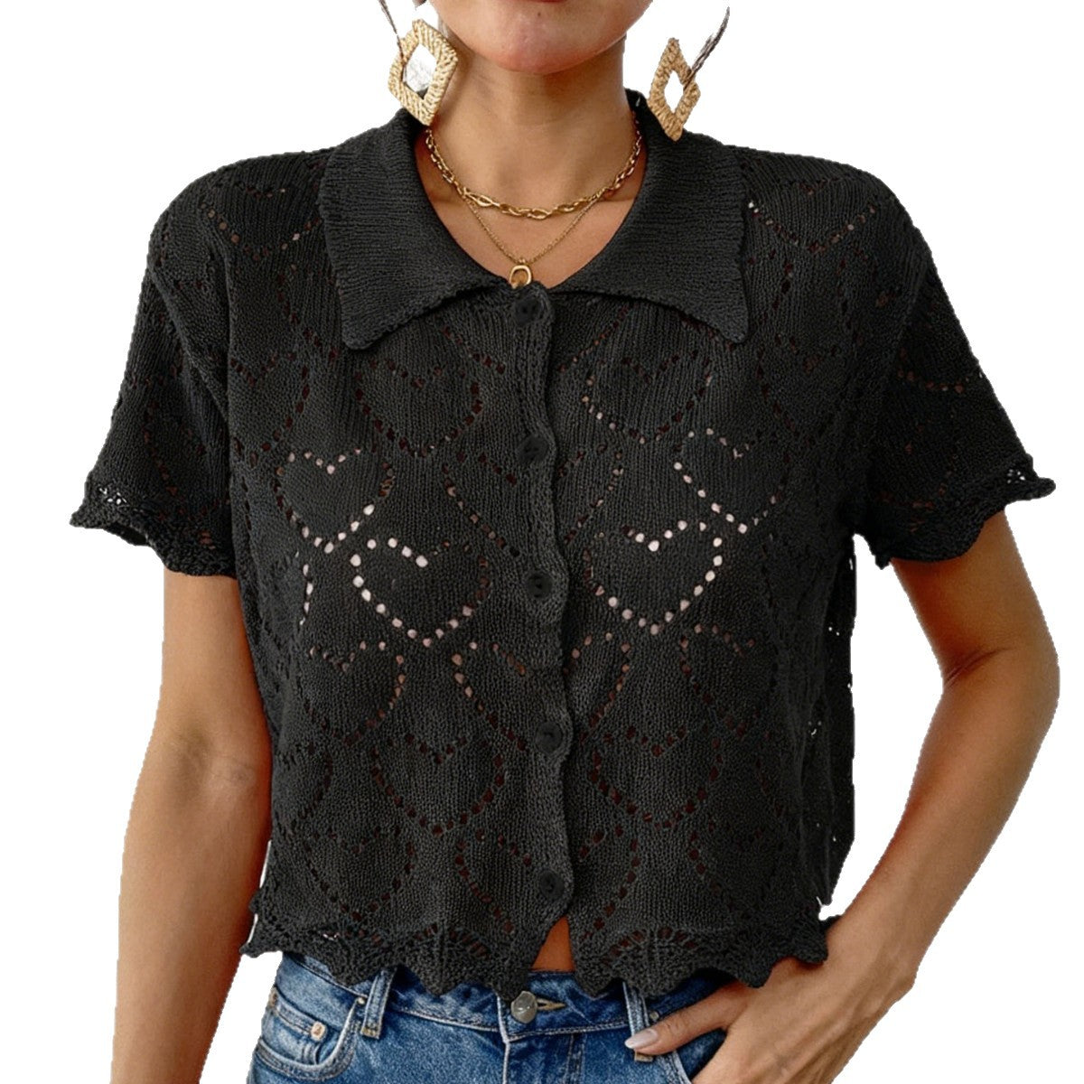 Heart Crochet Button Up Collar Short Sleeve Cardigan