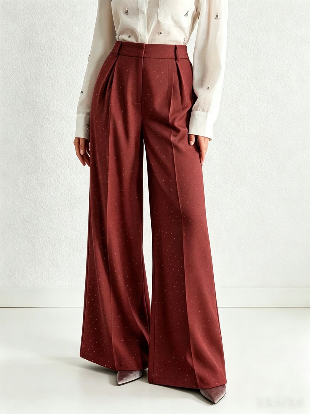 Rhinestone High Waist Pleated Wide Leg Dress Pants