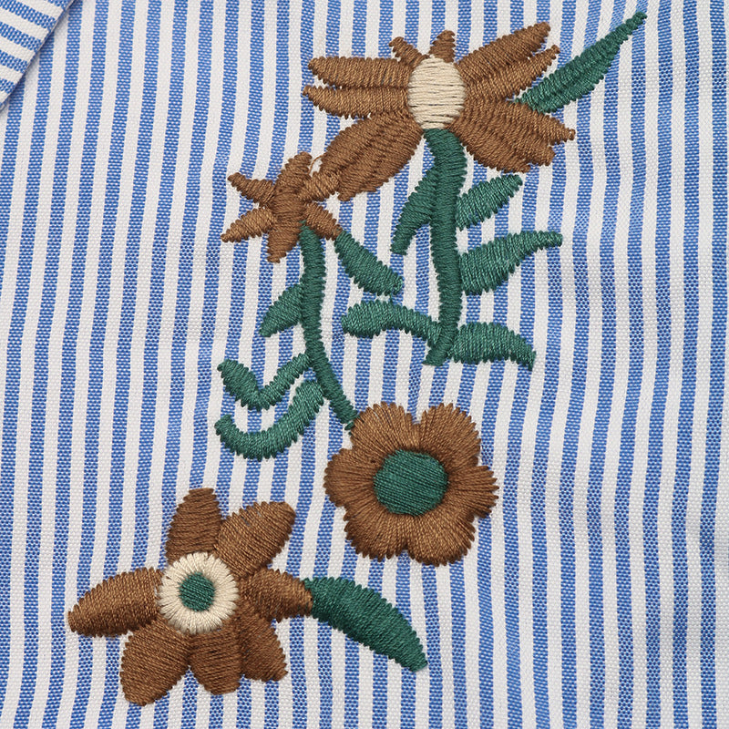 Embroidered Striped Ruffle Sleeve Button Down Blouse