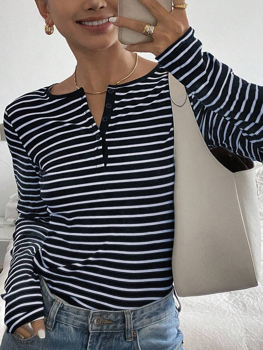 Striped Long Sleeve Top Henley Neck Casual Relaxed Fit Tee