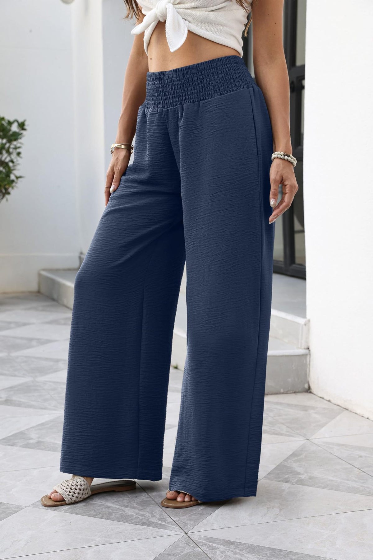 Women's High Waist Smocked Wide Leg Pants with Pockets
