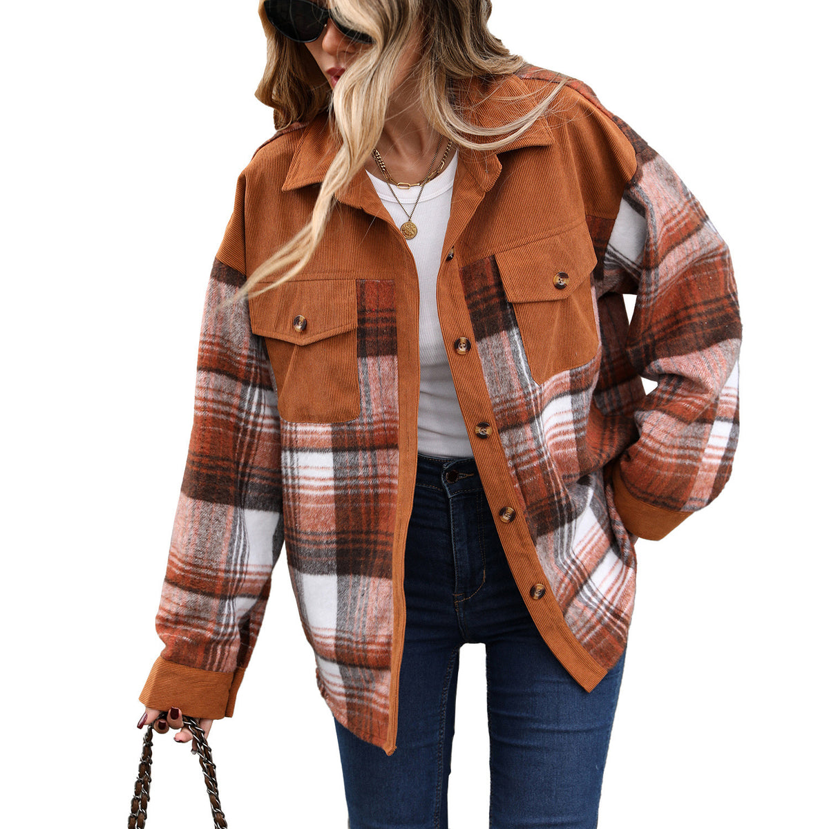 Women's Oversized Plaid Corduroy Shacket Button Down