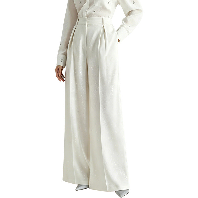 Rhinestone High Waist Pleated Wide Leg Dress Pants