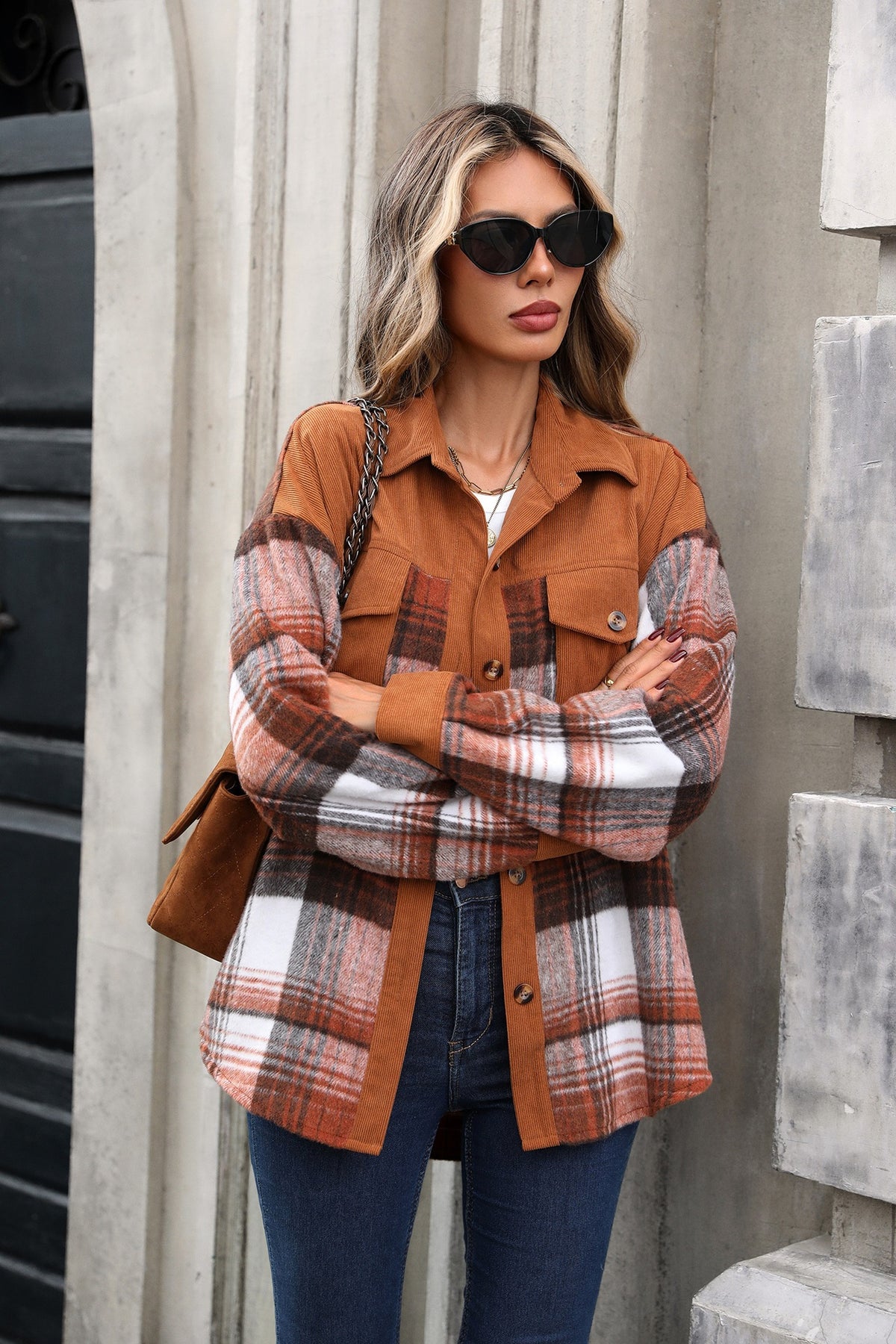 Women's Oversized Plaid Corduroy Shacket Button Down