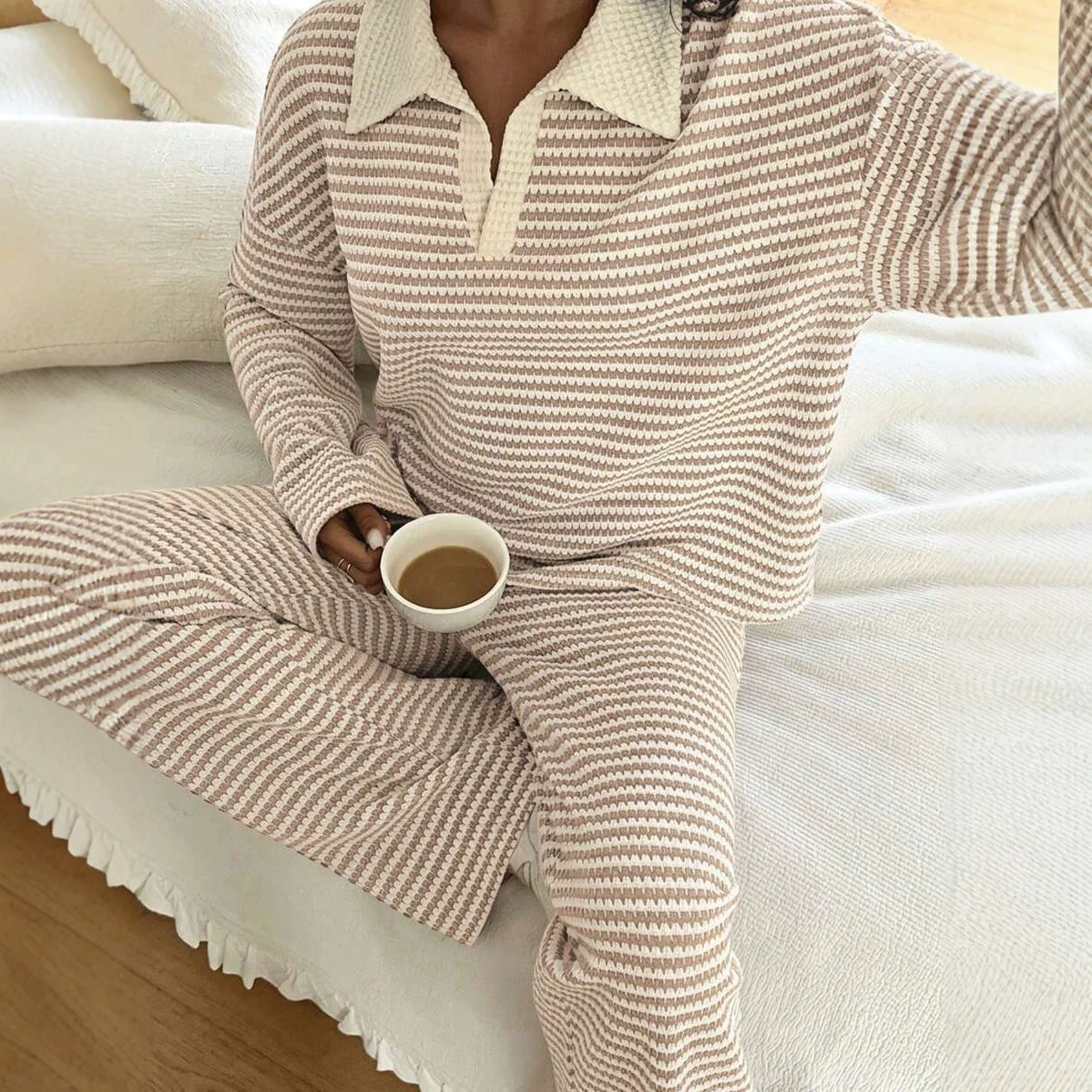 Women's Knit Stripe Loungewear Set Long Sleeve Top Pants