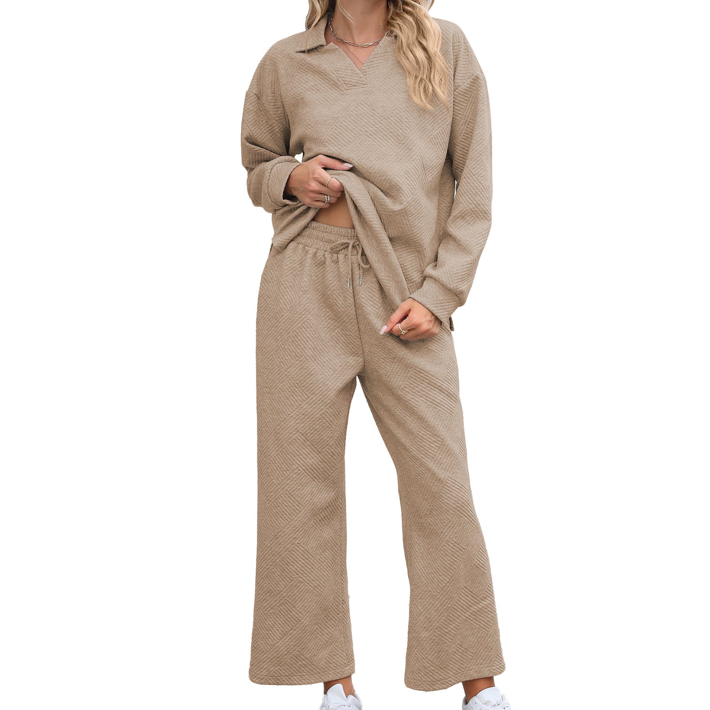 Women's Collared Sweatshirt & Wide Leg Pants Matching Set