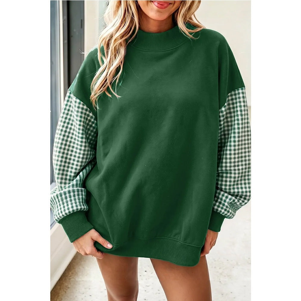Oversized Mock Neck Plaid Sleeve Fleece Sweatshirt