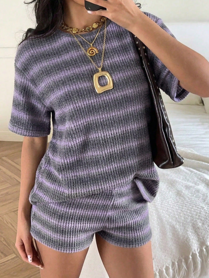 Striped Knit Lounge Set Boutique Shorts Fitted Ribbed