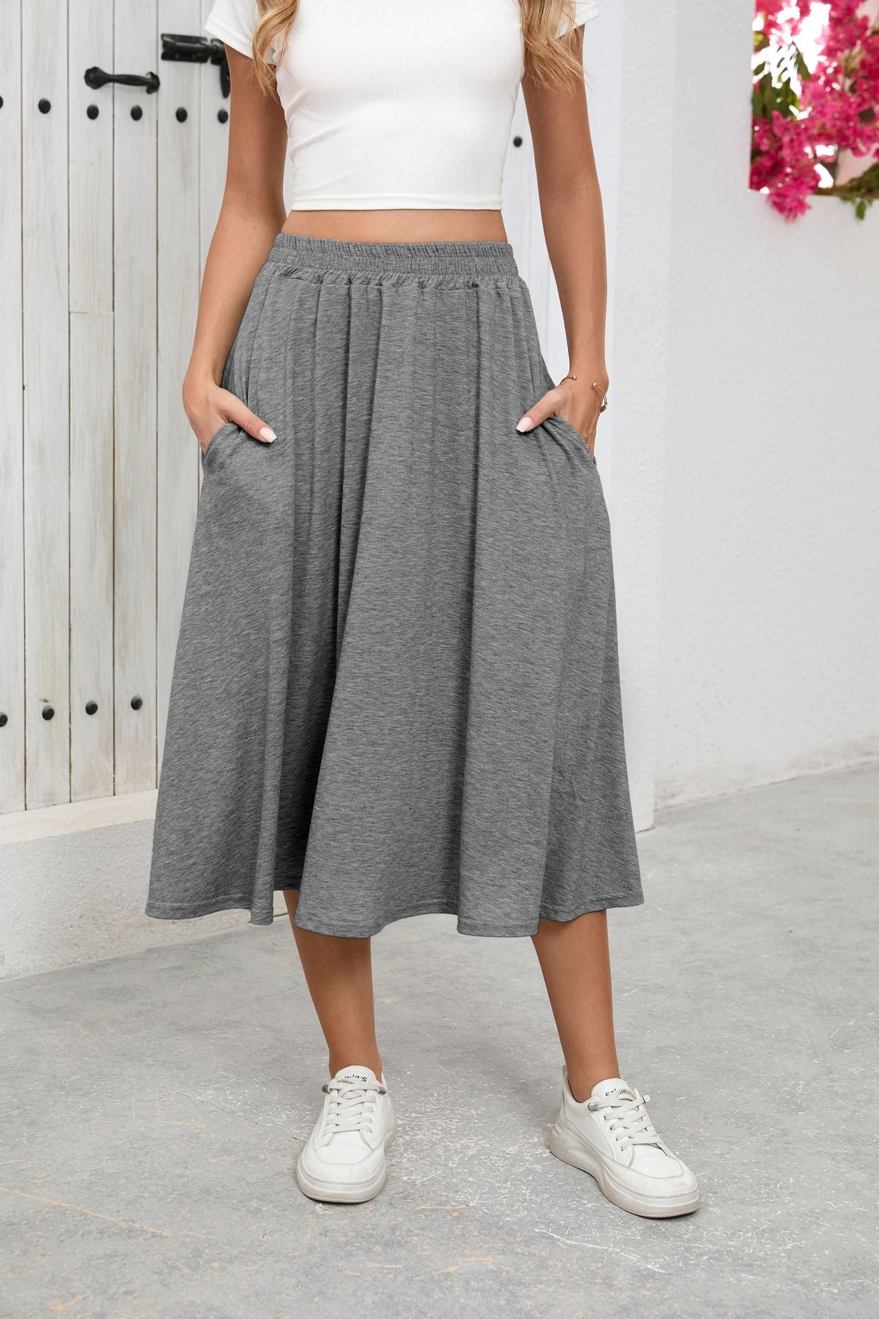 Solid Knit Skirt Casual A-Line Midi Elastic Waist