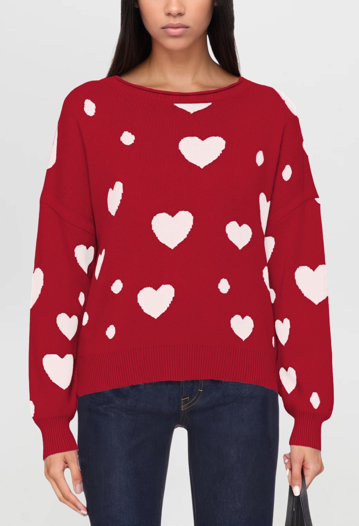 Women's Heart Print Oversized Crewneck Knit Sweater