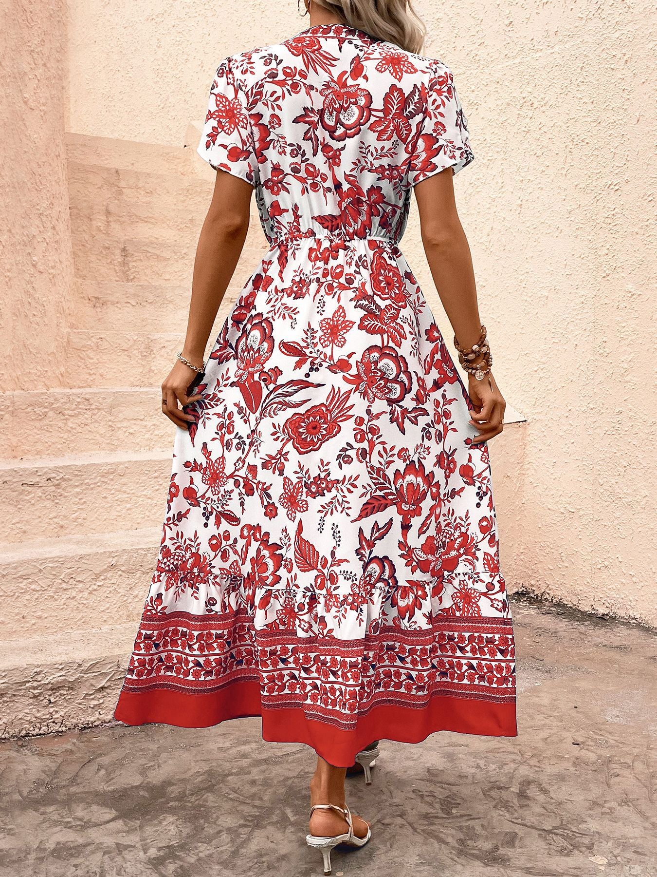 Floral Print Midi Dress Boho V Neck