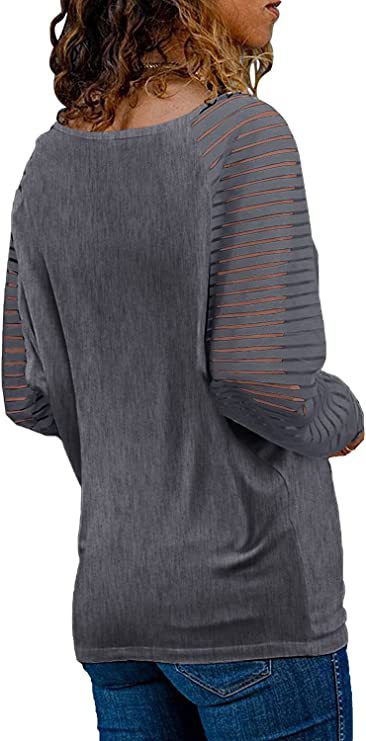 Striped Cotton Top Casual V Neck Sheer Sleeves