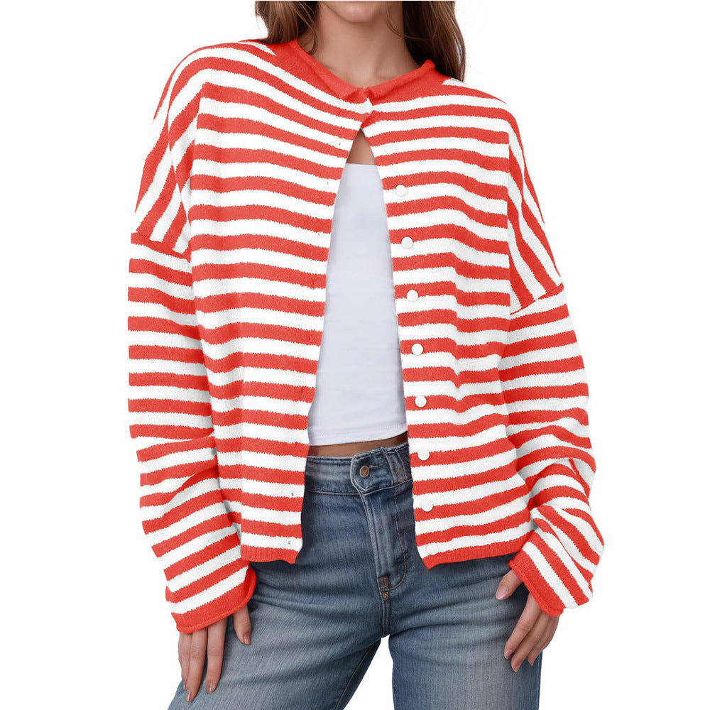 Striped Colorblock Knit Cardigan Long Sleeve Casual Jacket