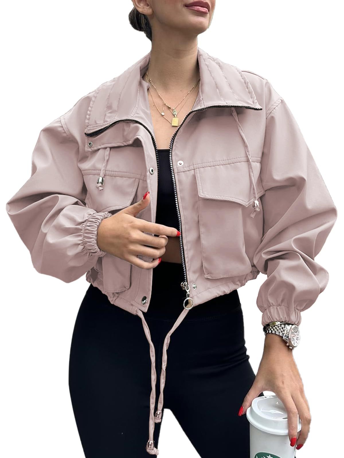 Solid Cropped Windbreaker Utility Jacket