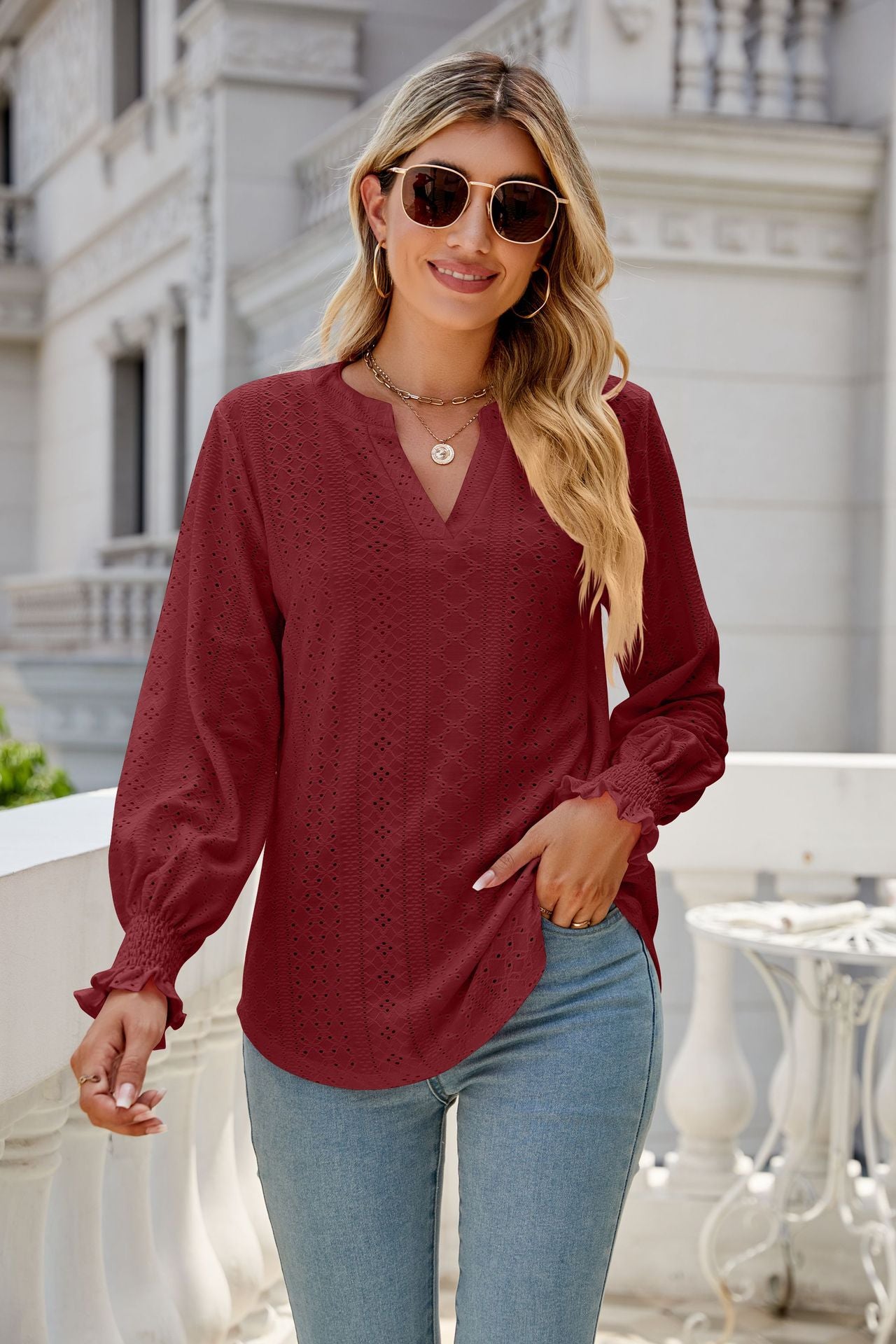Eyelet V Neck Ruffle Sleeve Casual Long Sleeve Blouse