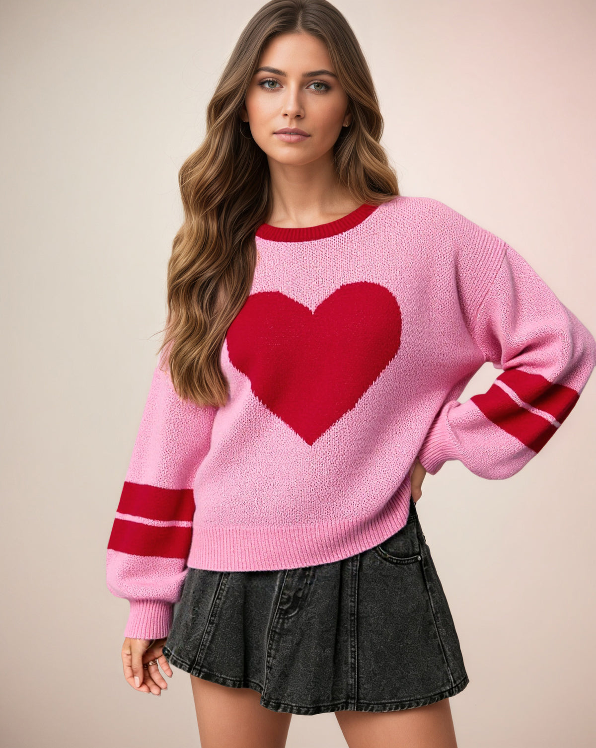 Oversized Heart Crewneck Sweater Women Striped Sleeve Knit