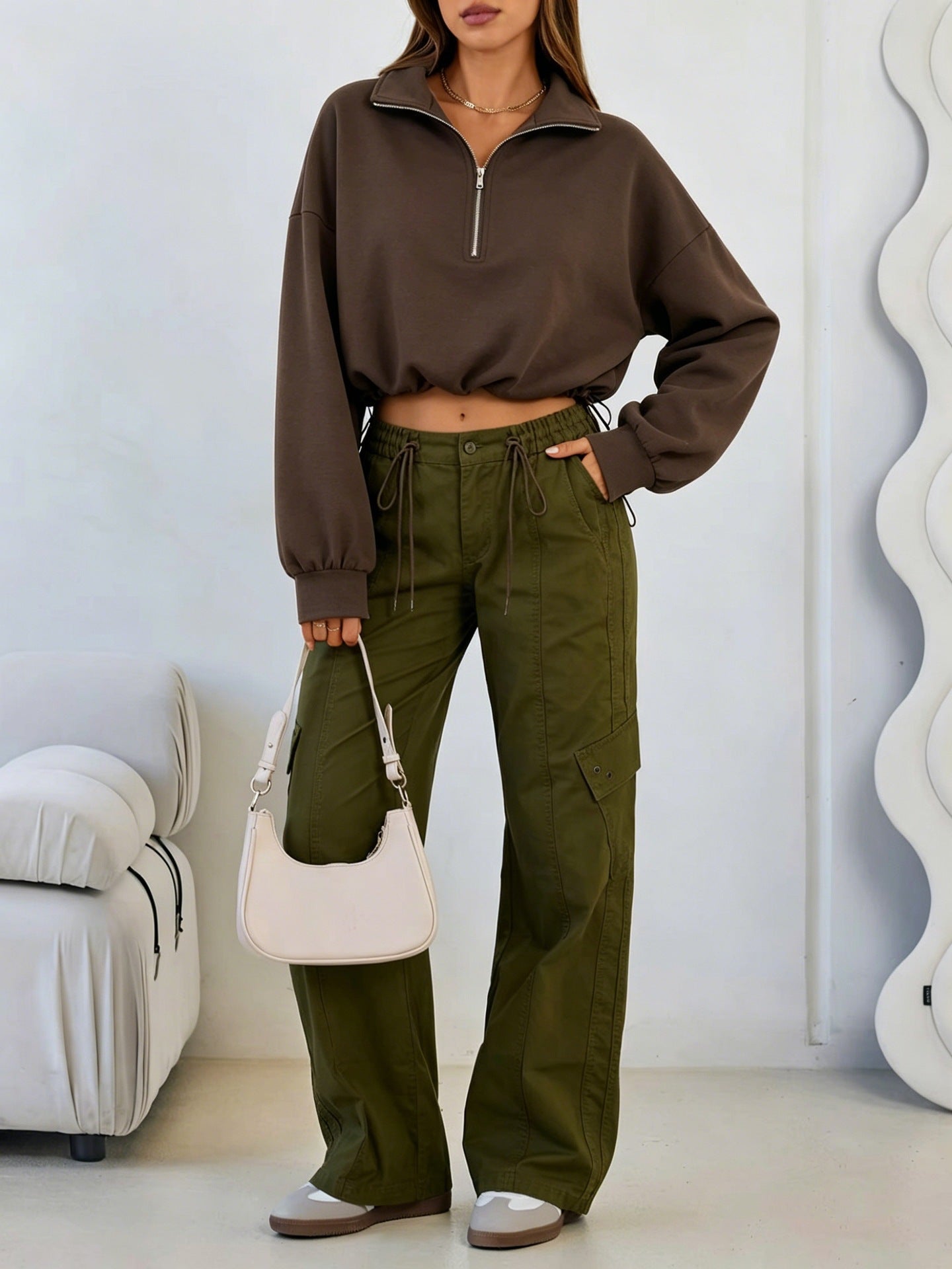 Half-Zip Pullover Sweatshirt Casual Drawstring Cropped Top