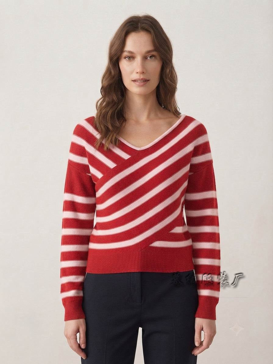 Women Striped Off Shoulder Sweater Asymmetric Knit Top