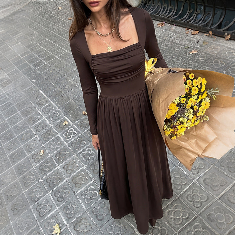 Brown Square Neck Long Sleeve Ruched Maxi Dress