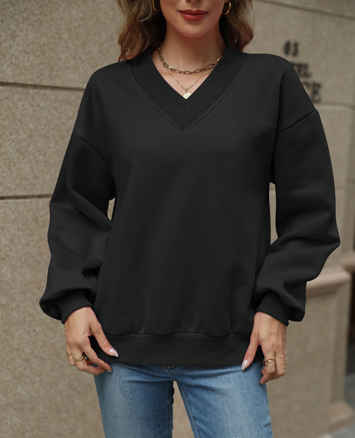 Solid Sweatshirt Casual Oversized V-Neck Pullover