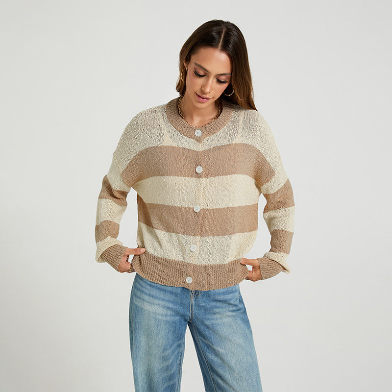 Women's Striped Chunky Knit Oversized Cardigan Sweater