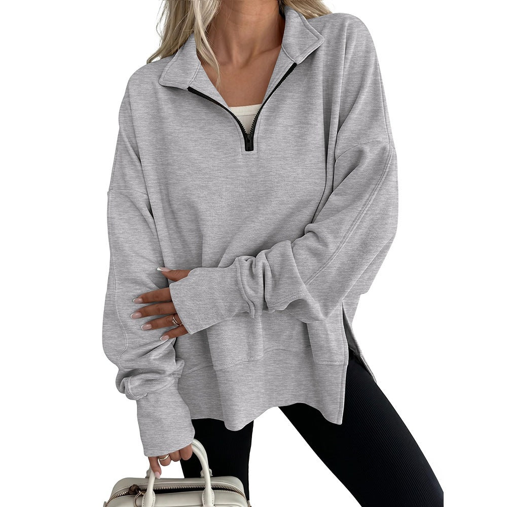 Half Zip Oversized Pullover Sweatshirt Side Slit Casual Top
