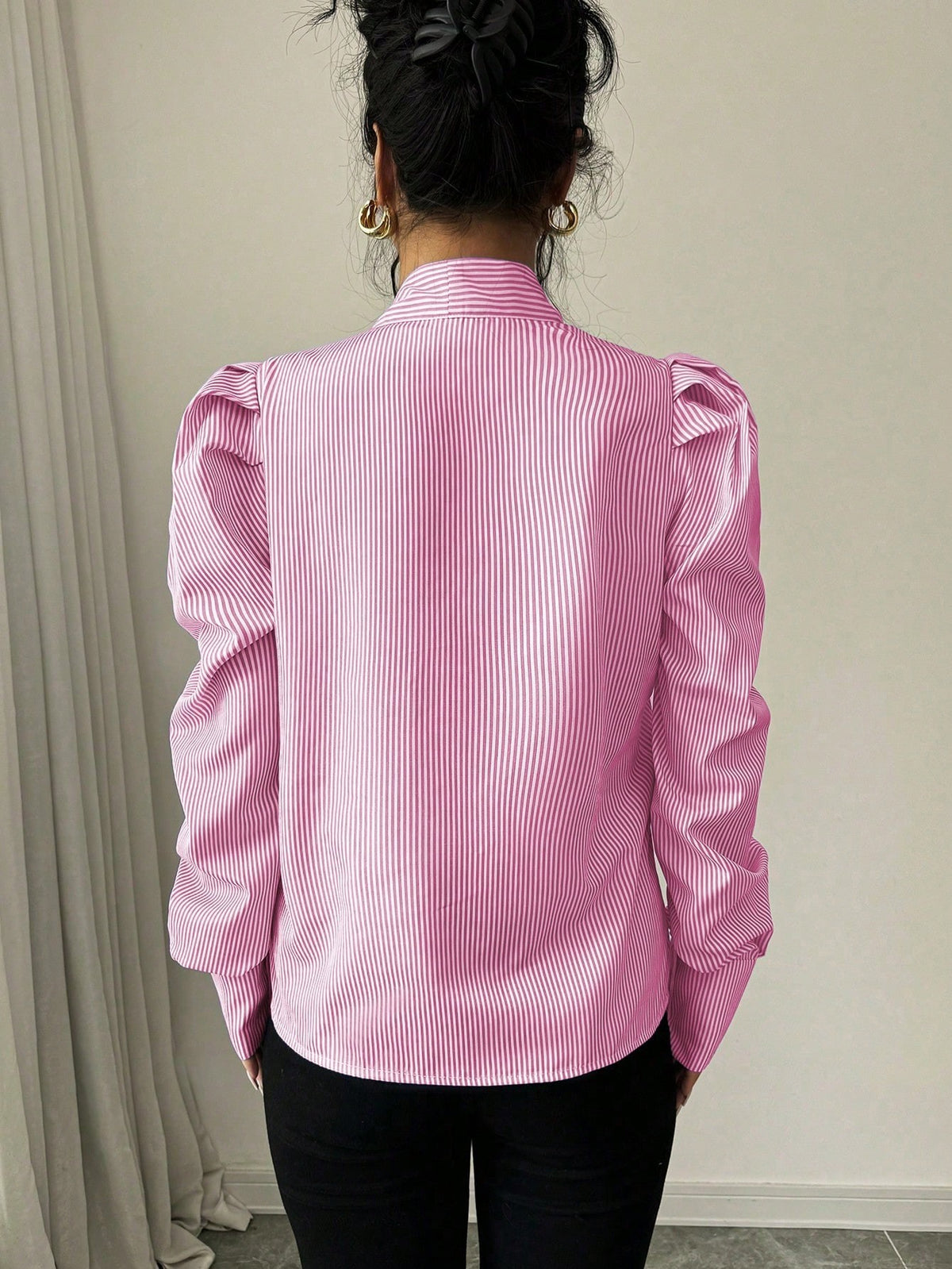 Striped Tie Neck Puff Sleeve Blouse Top