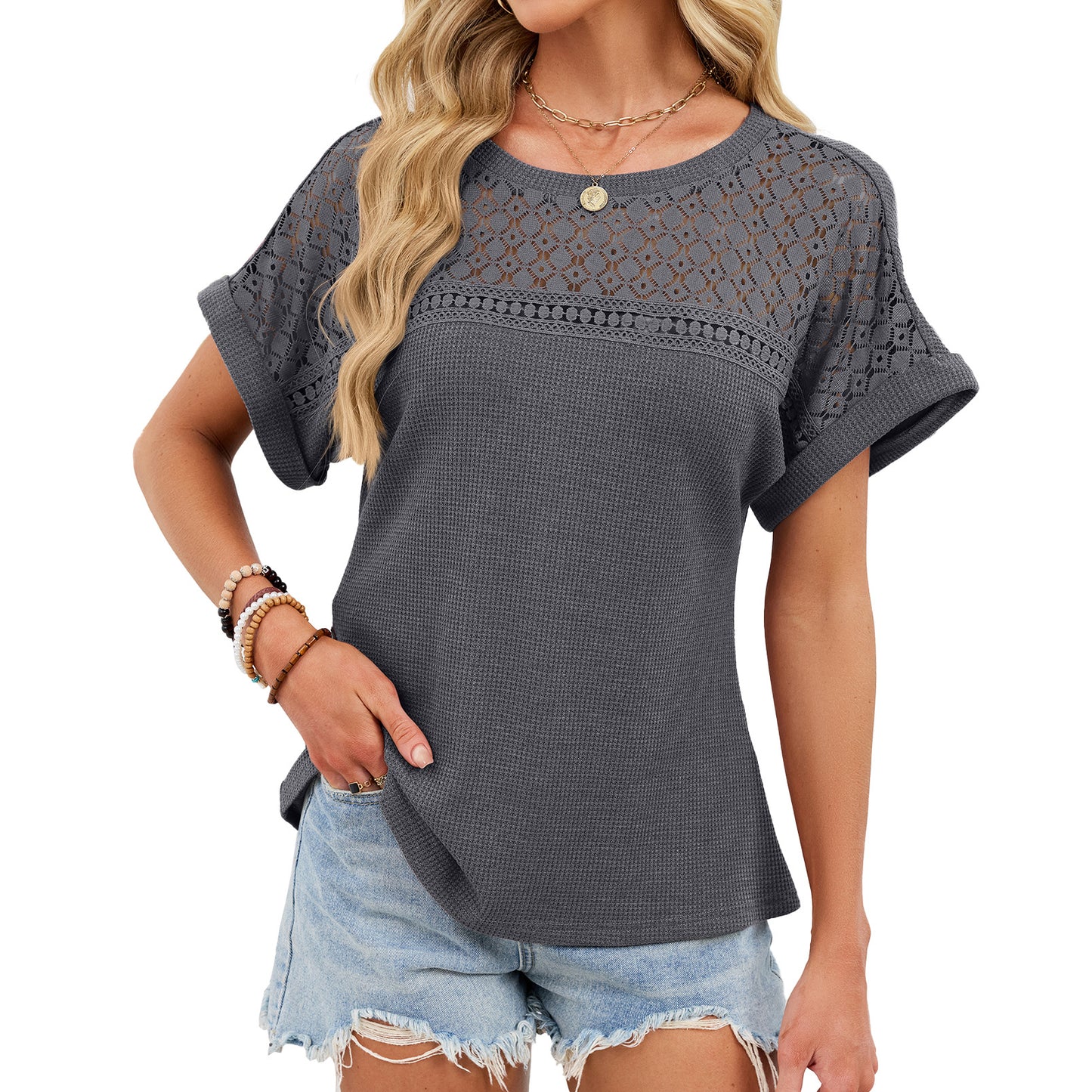 Lace Trim Relaxed Fit Short Sleeve T-Shirt for Women–Spring/Summer 2026