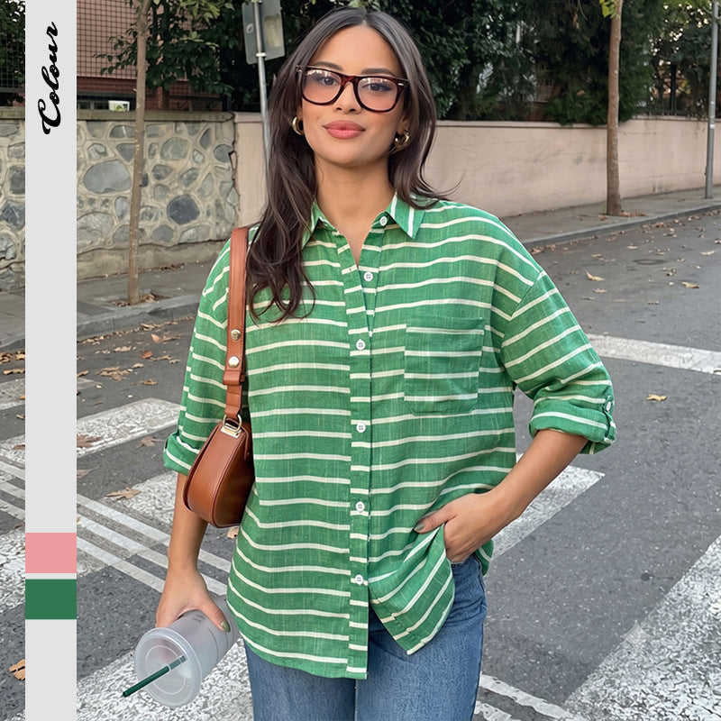 Striped Cotton Blend Shirt Korean Casual Oversized Blouse