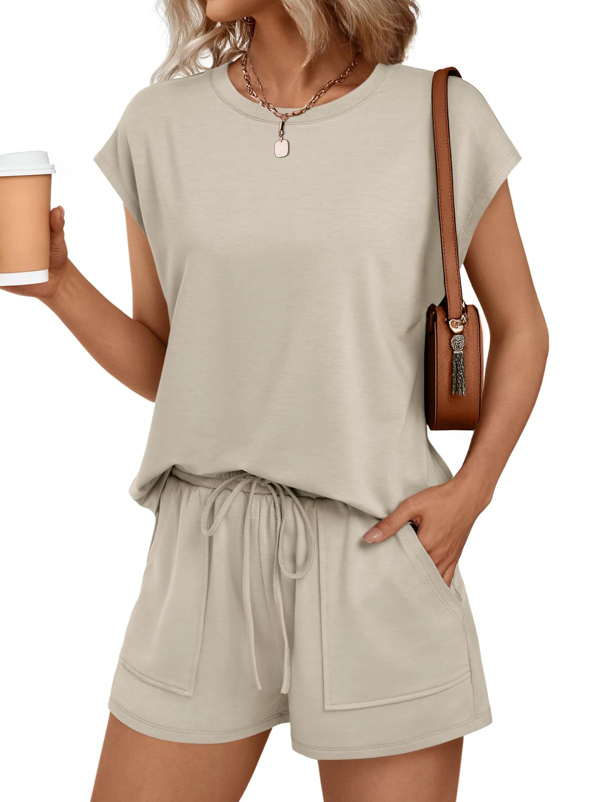 Solid Knit Lounge Set Casual Drawstring Pocket