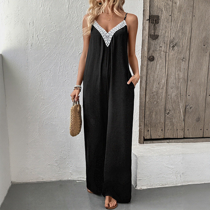Summer Sleeveless Casual Jumpsuit with Lace Detail