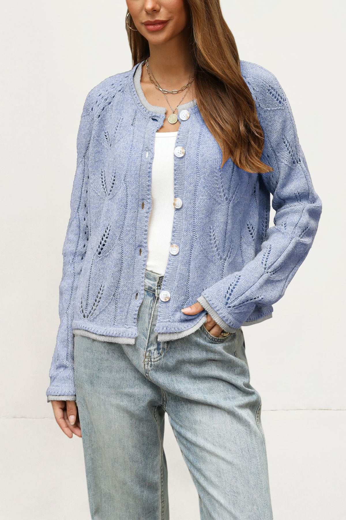 Oversized Button Cardigan Contrast Trim Sweater