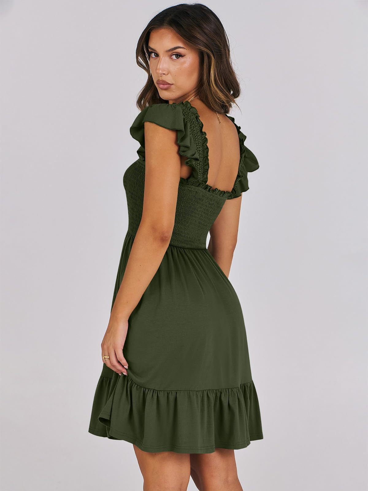 Women’s Smocked Square Neck Ruffle Sleeve Mini Dress Casual Summer Flowy A Line Dress