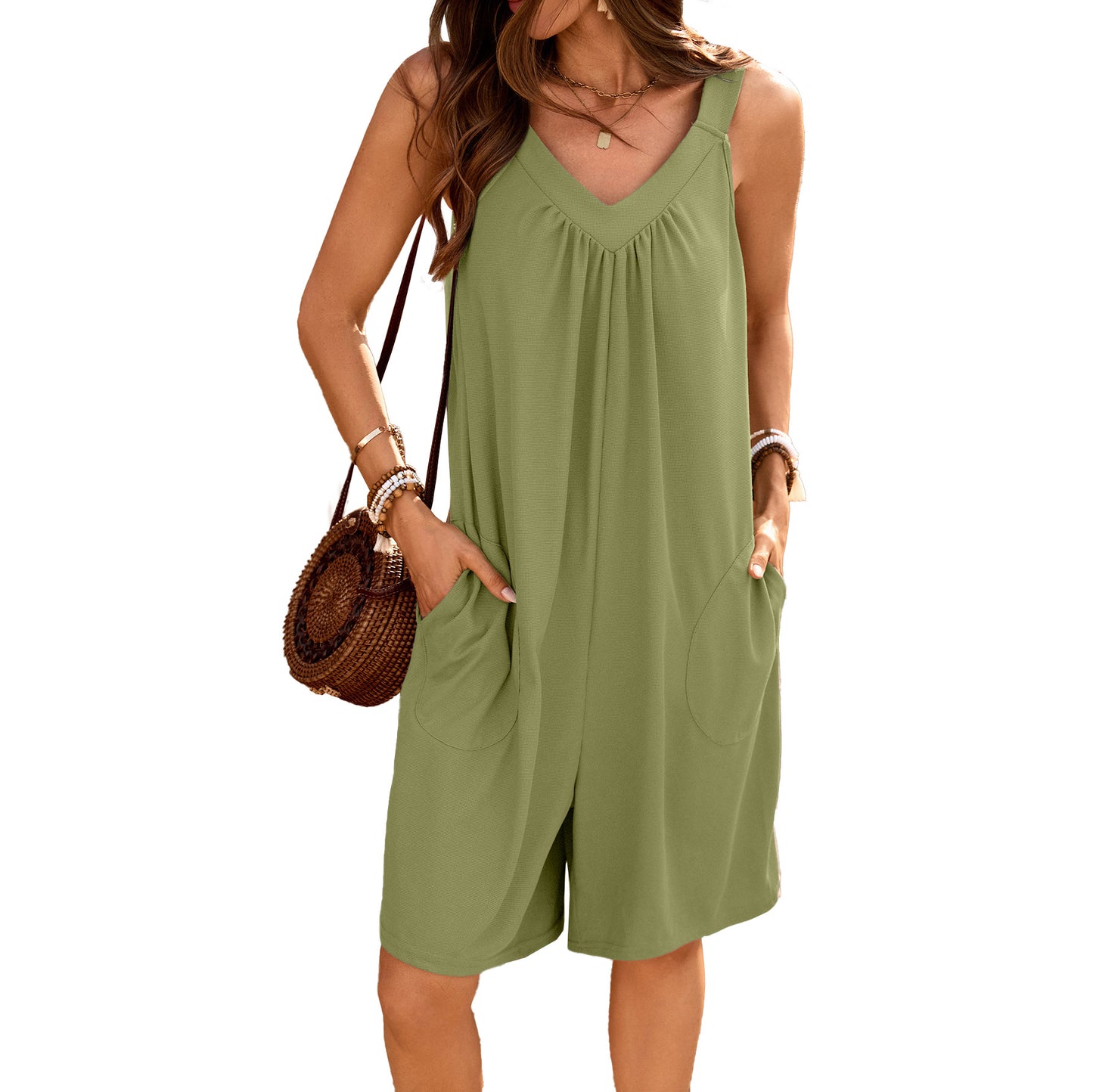 Loose Fit V-Neck Sleeveless Romper with Pockets