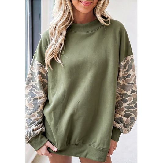 Oversized Mock Neck Camo Sleeve Fleece Sweatshirt