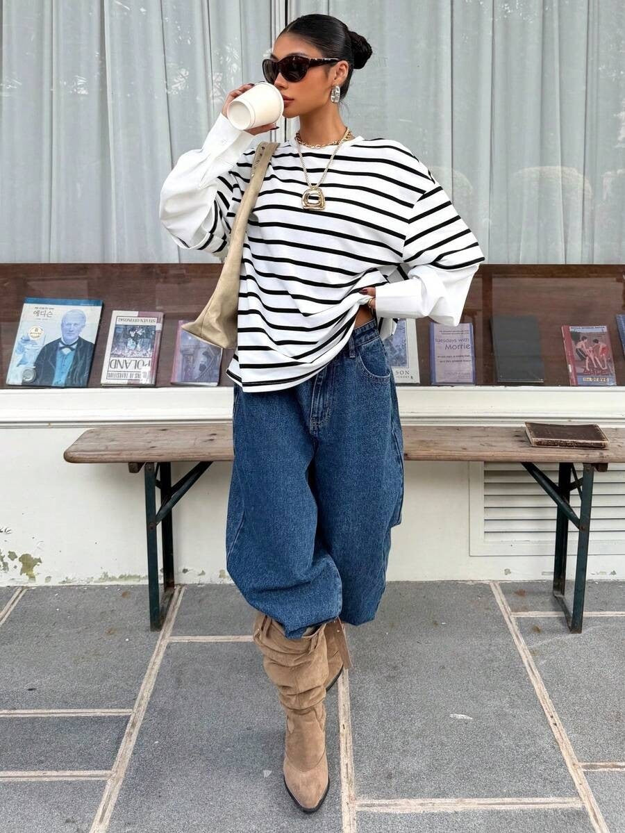 Striped Layered Look Long Sleeve Top Relaxed Fit Casual Tee