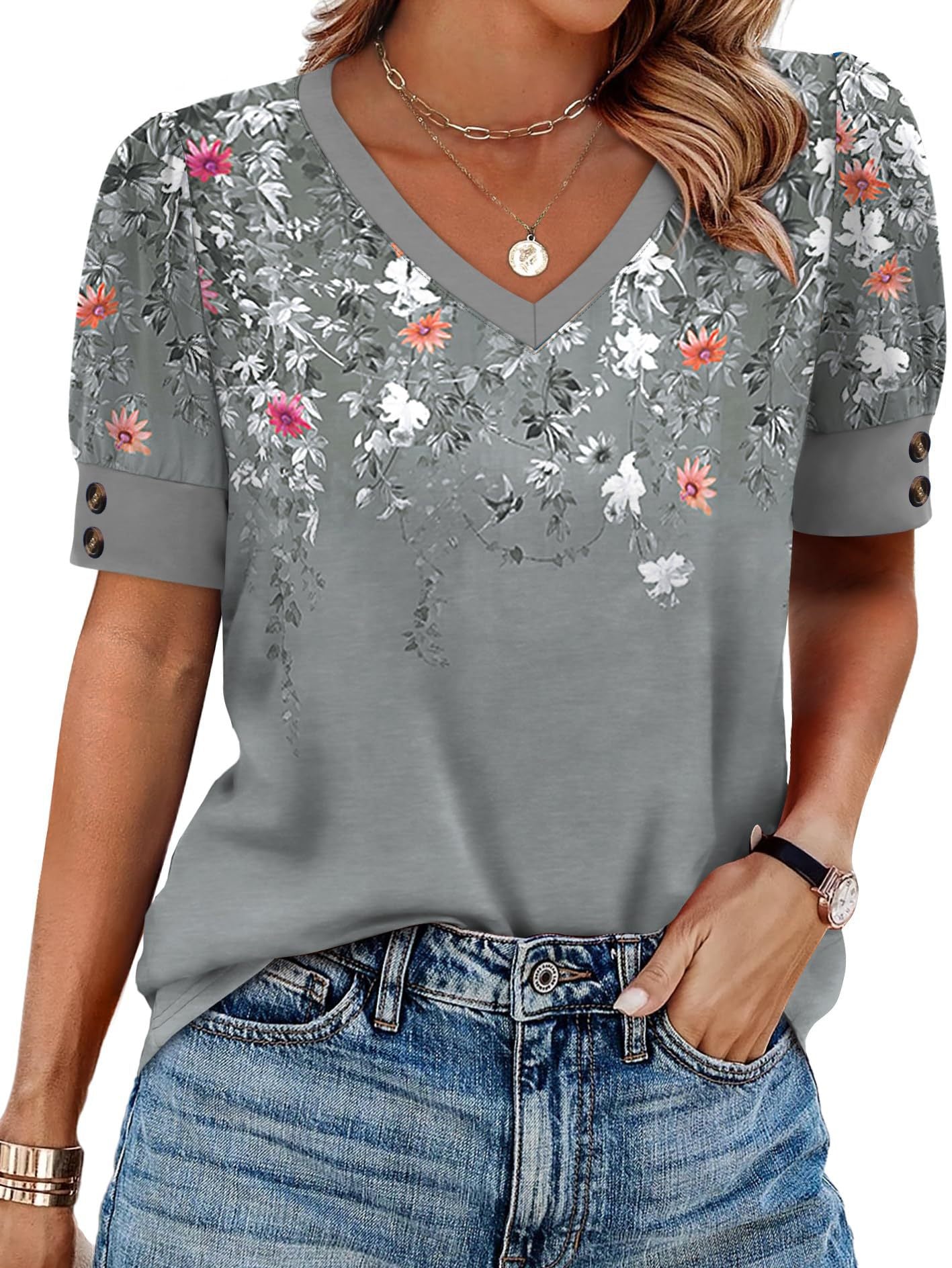 Women’s V Neck Puff Sleeve Tee Button Detail Top