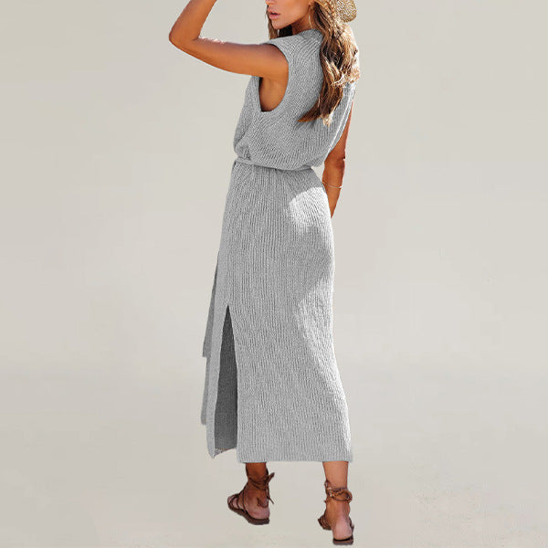 Sleeveless Knit Midi Dress Side Slit Belted Casual Dress