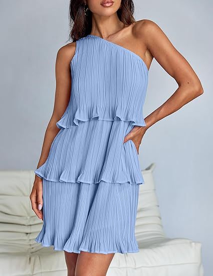 One Shoulder Tiered Pleated Ruffle Mini Dress for Summer