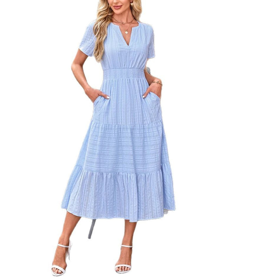 V Neck Smocked Puff Sleeve Flowy Midi Dress for Women