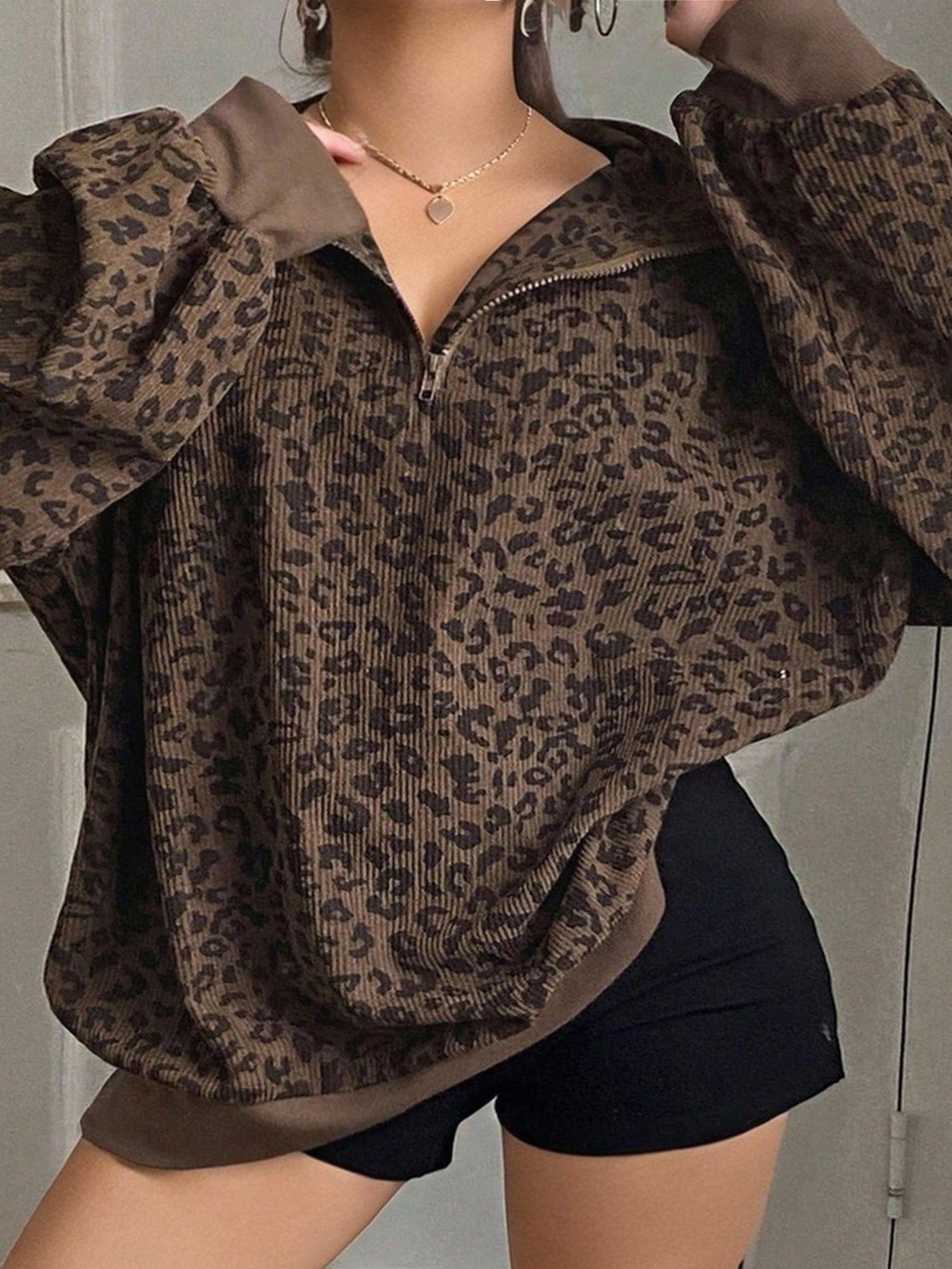 Leopard Corduroy Sweatshirt Streetwear Oversized Half Zip