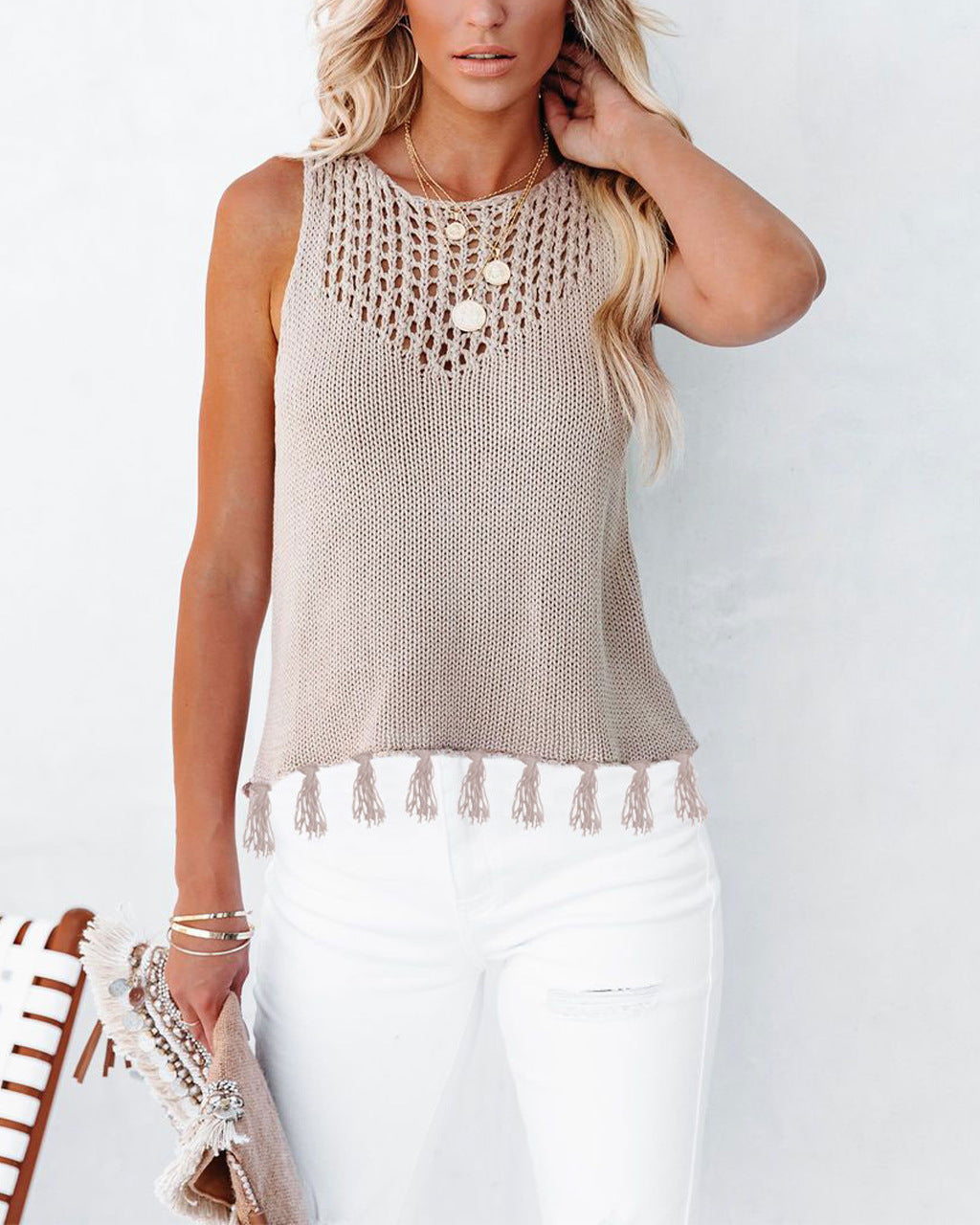 Sleeveless Hollow Knit Tassel Hem Tank Top for Summer