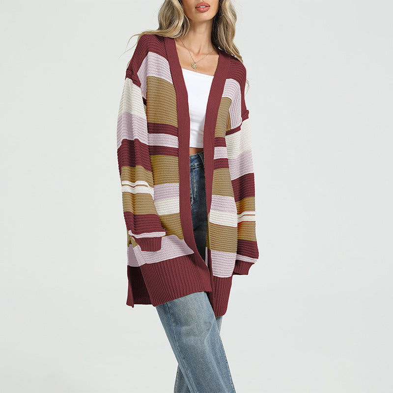 Oversized Color Block Chunky Knit Long Cardigan