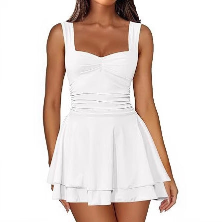 Square Neck Ruched Waist Tiered Mini Dress for Women