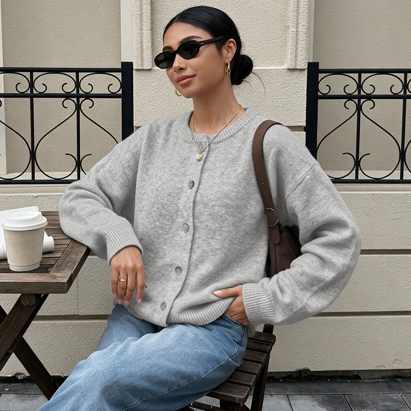 Button Knit Cardigan Relaxed Fit Long Sleeve Sweater