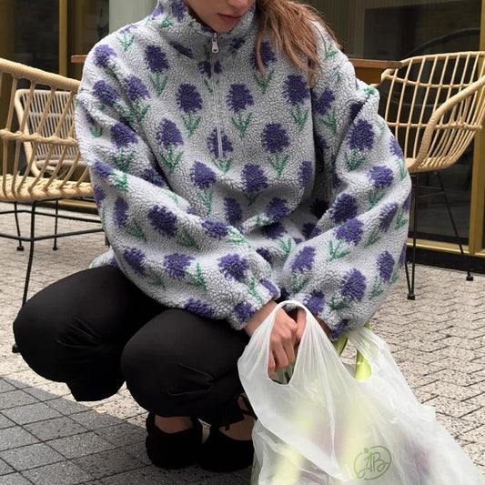 Floral Sherpa Fleece Half-Zip Pullover, Oversized