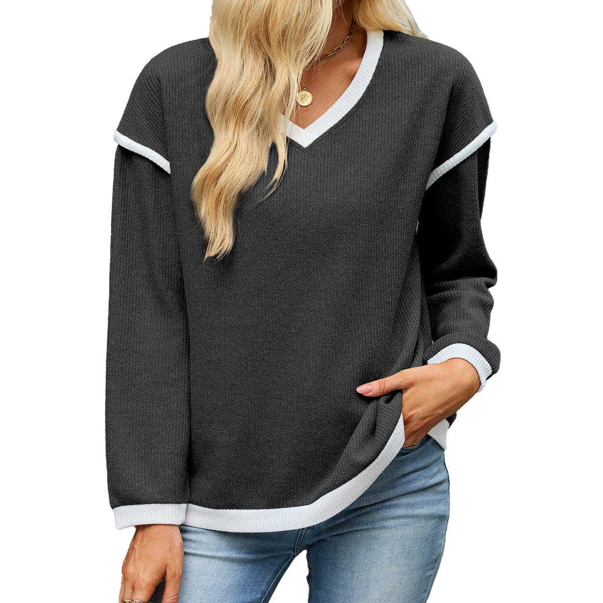 Women's V Neck Contrast Trim Oversized Long Sleeve Sweater