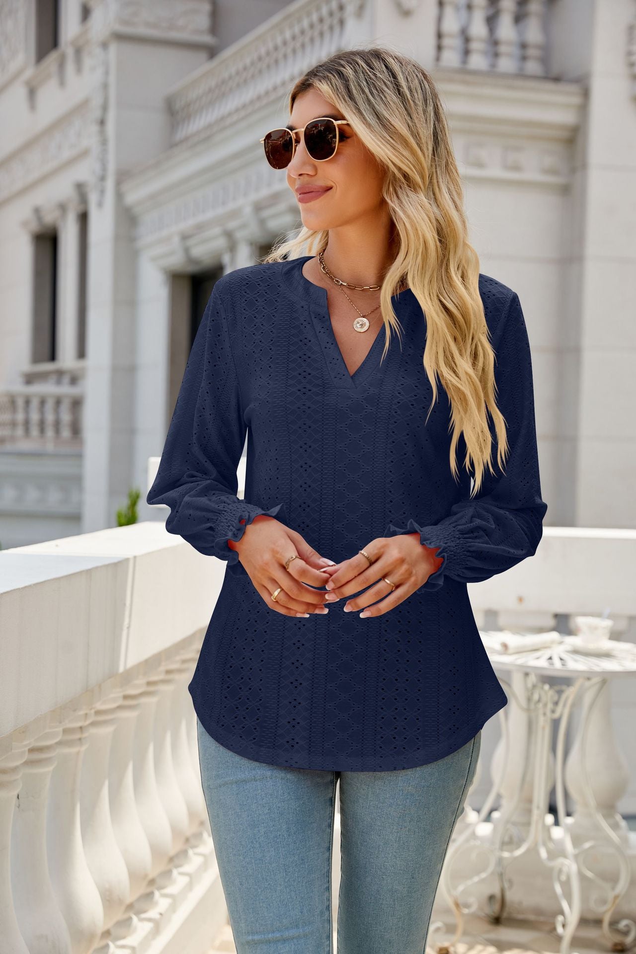 Eyelet V Neck Ruffle Sleeve Casual Long Sleeve Blouse