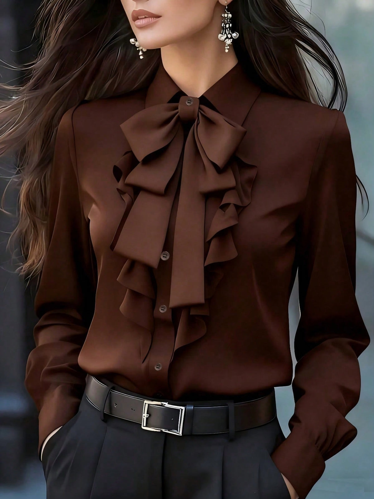 Women's Bow Tie Ruffle Blouse Long Sleeve Office Top
