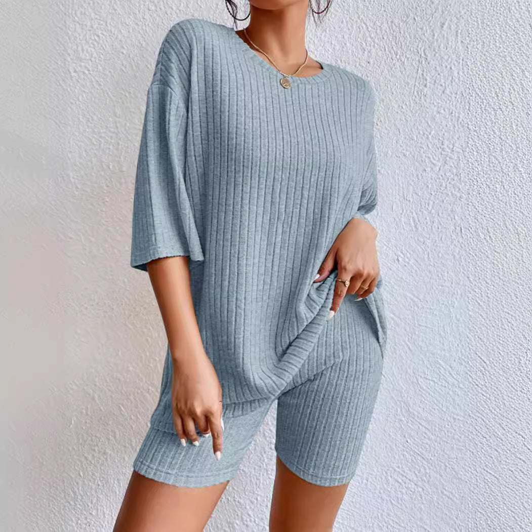 Ribbed Knit Two Piece Set Oversized Top & Biker Shorts
